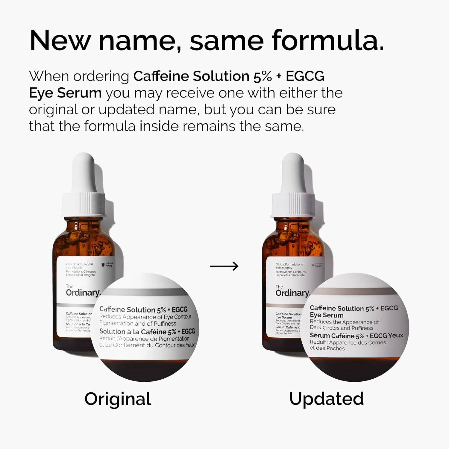 SlimBag The Ordinary Caffeine Solution 5% + EGCG eye serum in a clear bottle with dropper, designed to reduce dark circles and puffiness.