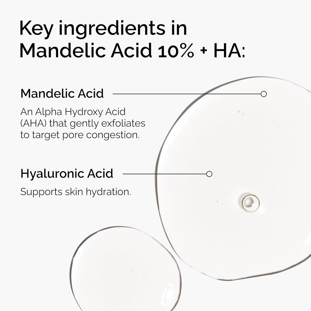SlimBag Mandelic Acid 10% and Hyaluronic Acid serum bottle with label, for gentle exfoliation and skin hydration.