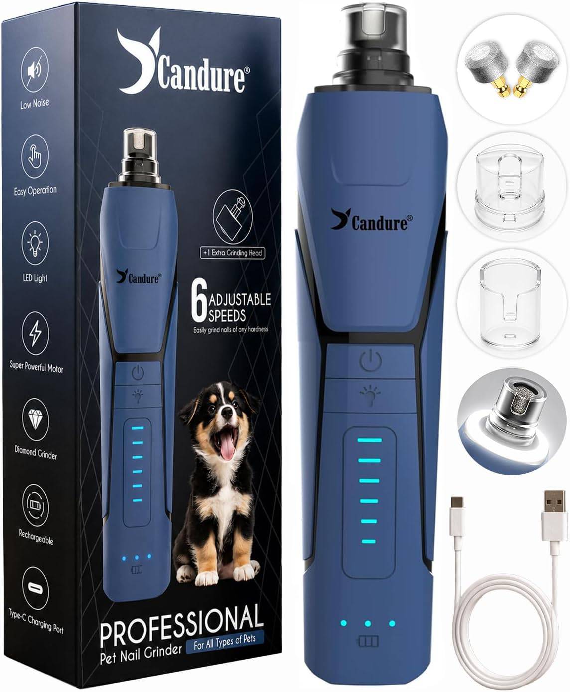 SlimBag Candure Whisper Quiet Dog Nail Grinder with 360° LED light and 6-speed settings for safe, stress-free pet grooming.