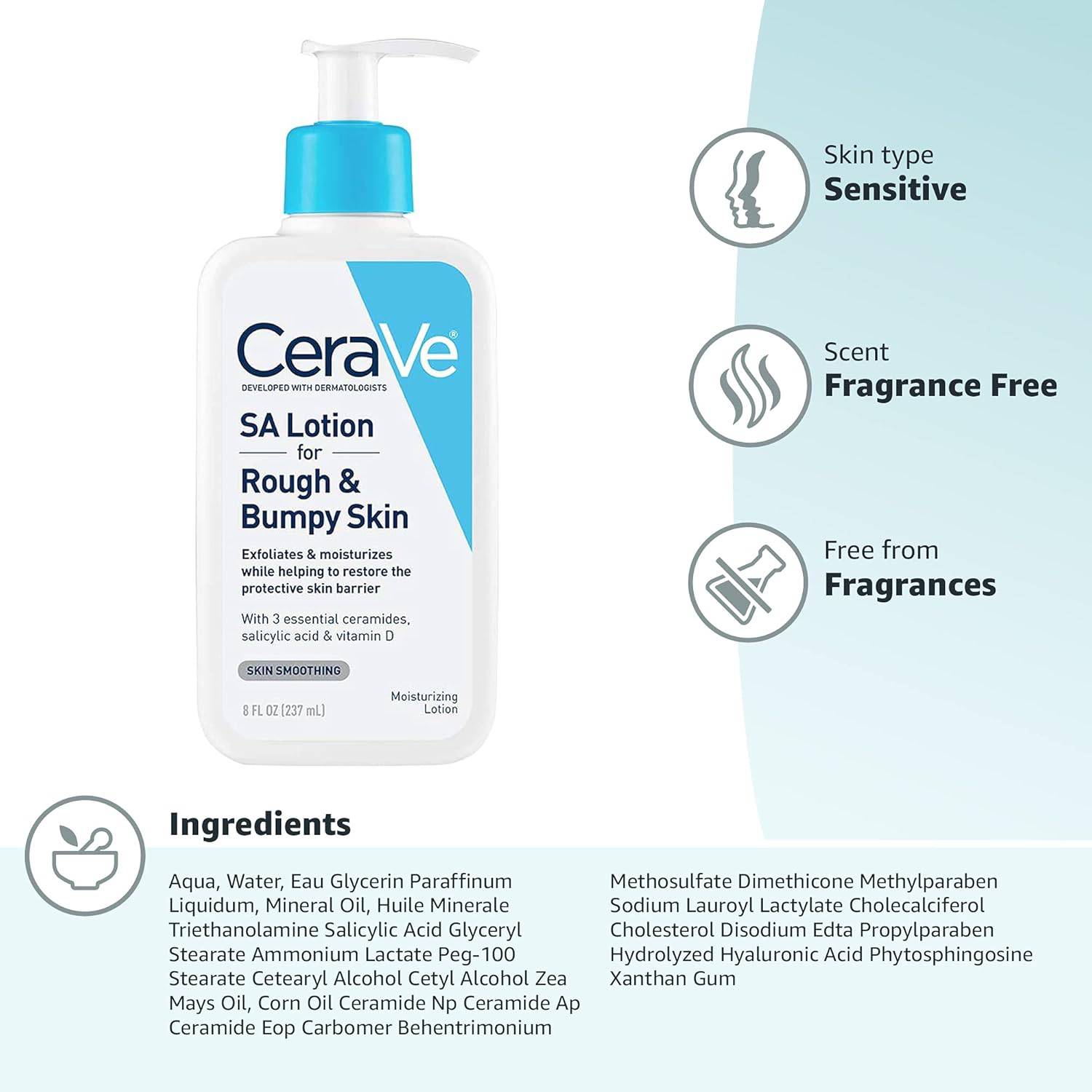 SlimBag CeraVe SA lotion for rough, bumpy skin featuring Vitamin D, hyaluronic acid, lactic acid, and salicylic acid, fragrance-free