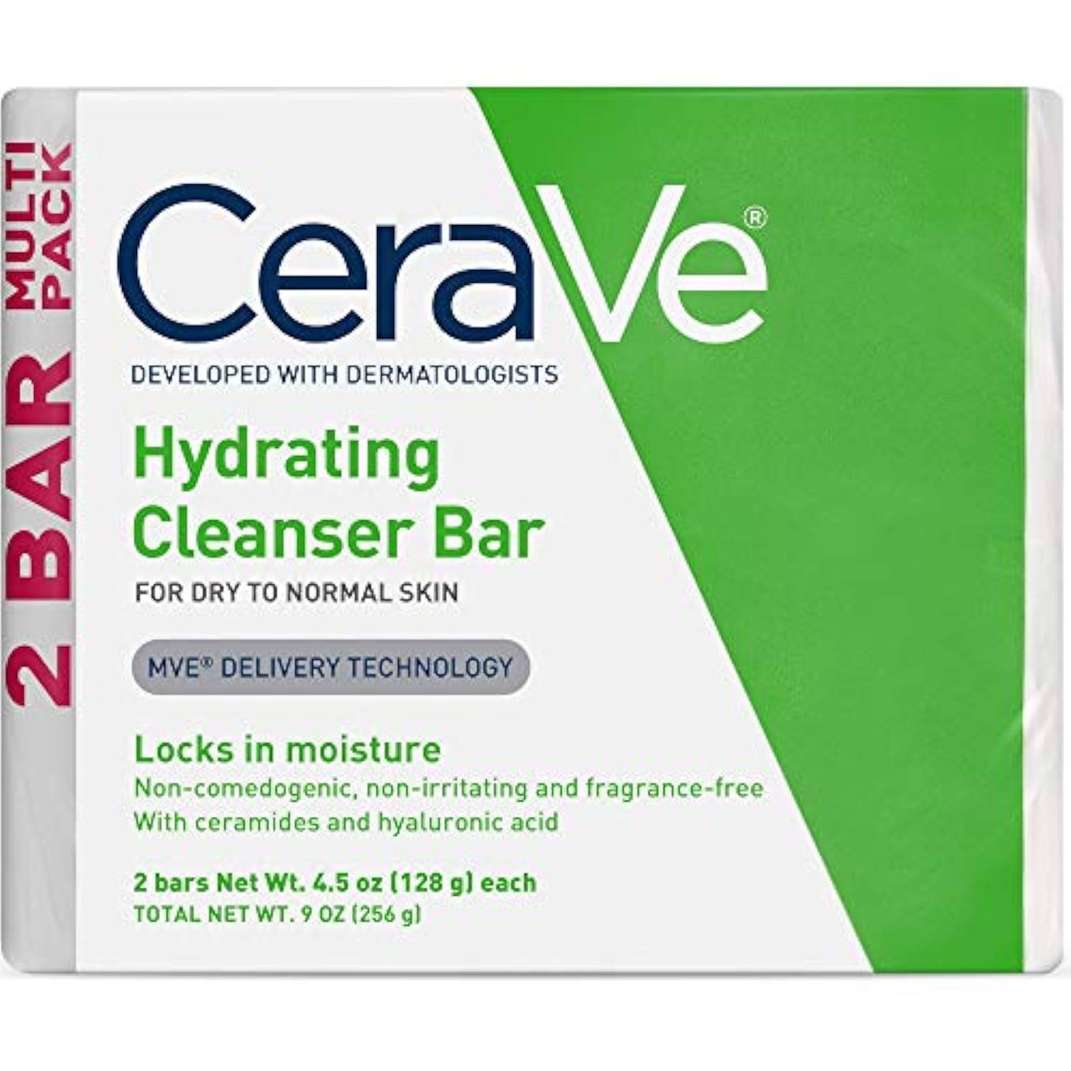 CeraVe Hydrating Cleanser Bar by SlimBag, fragrance-free soap-free facial and body cleanser with moisturizing cream, 2-pack, 4.5 oz each