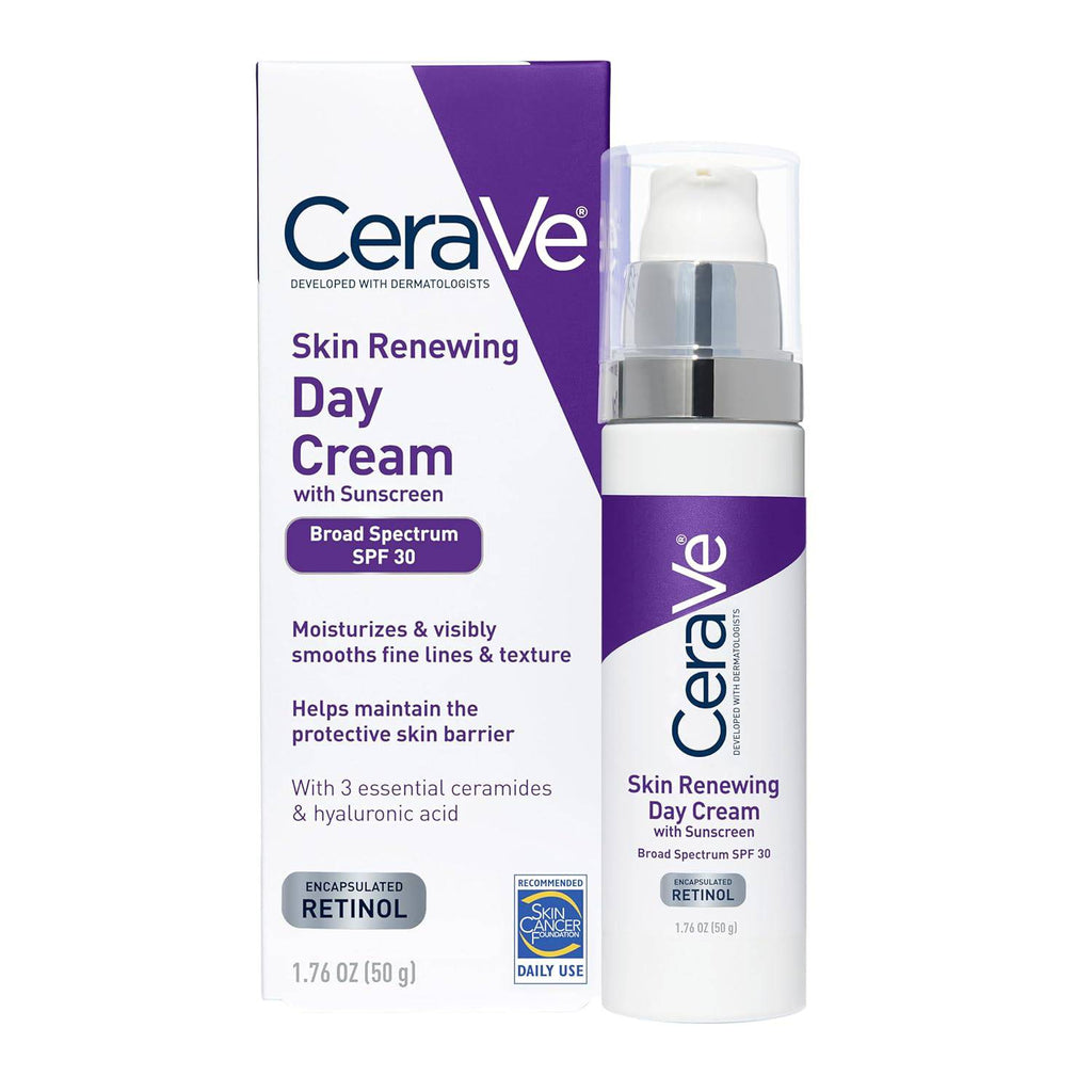 CeraVe Anti-Aging Face Cream with SPF 30, containing retinol, hyaluronic acid, and ceramides in a 1.76 oz jar.