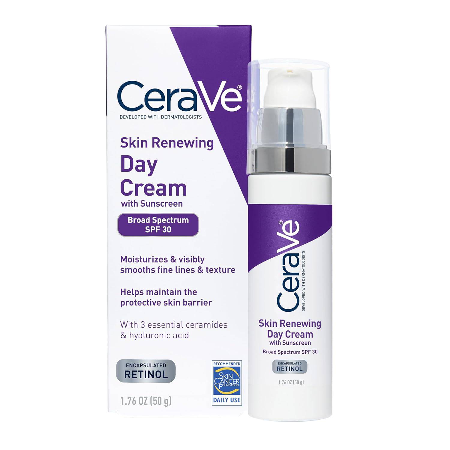 CeraVe Anti-Aging Face Cream with SPF 30, containing retinol, hyaluronic acid, and ceramides in a 1.76 oz jar.