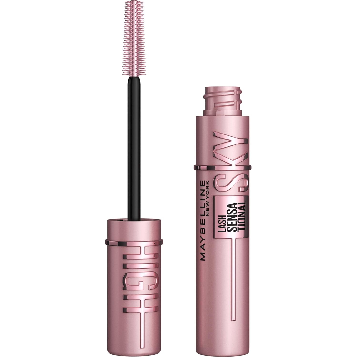 Maybelline Lash Sensational Sky High washable mascara with volumizing, lengthening, curling black mascara applied on lashes