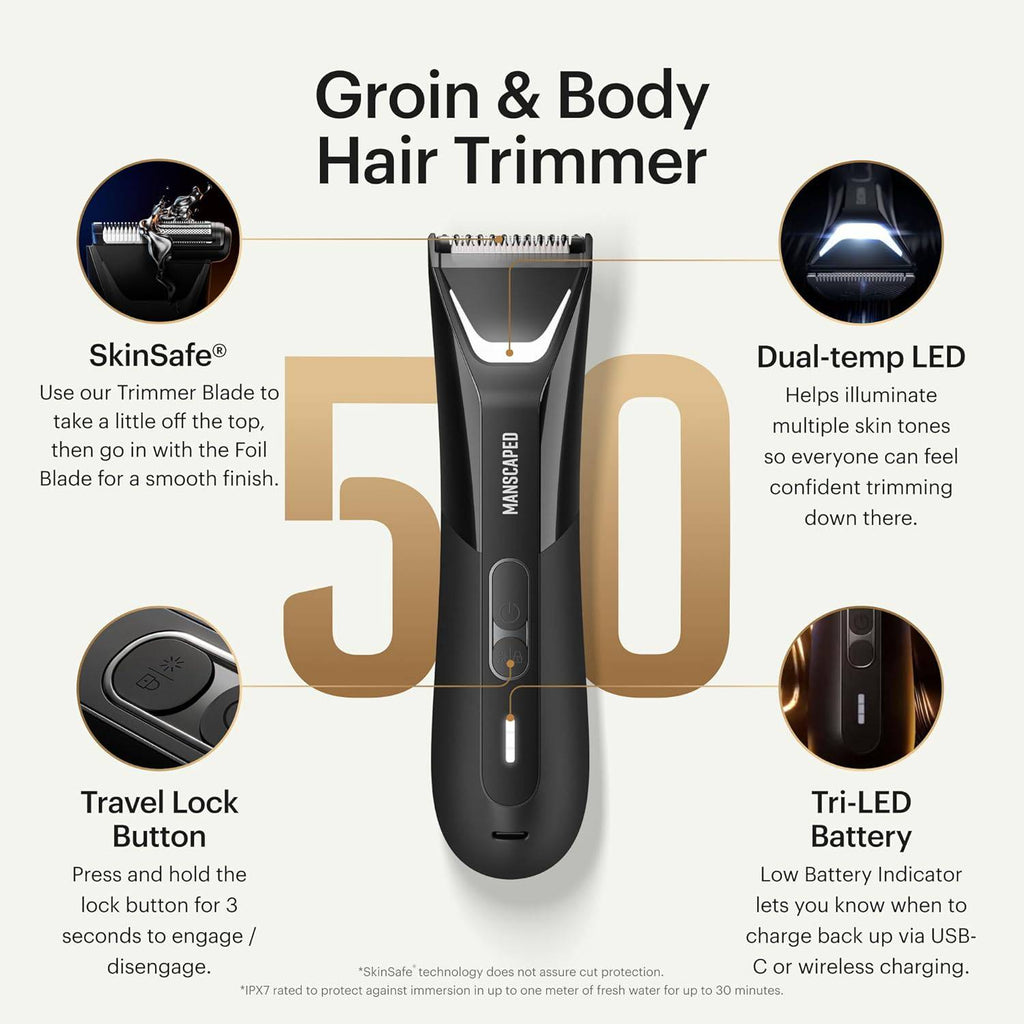 MANSCAPED® The Lawn Mower® 5.0 Ultra Groin & Body Hair Trimmer – Dual-Head SkinSafe® Trimmer & Foil Blades, Waterproof Wet/Dry Groomer, USB-C Rechargeable with Travel Case, Men’s Ball Shaver, Black