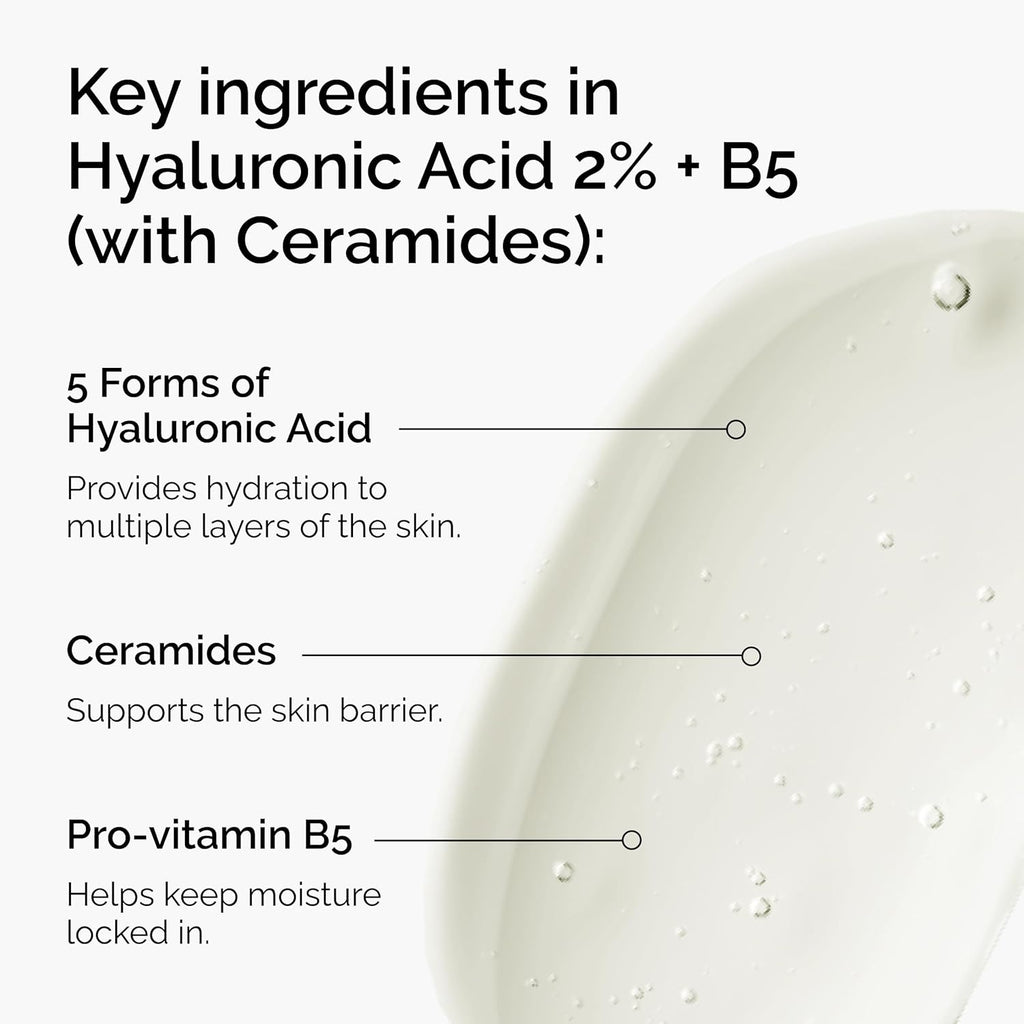SlimBag Hyaluronic Acid 2% + B5 serum in a clear bottle, featuring dropper applicator for multi-depth skin hydration.
