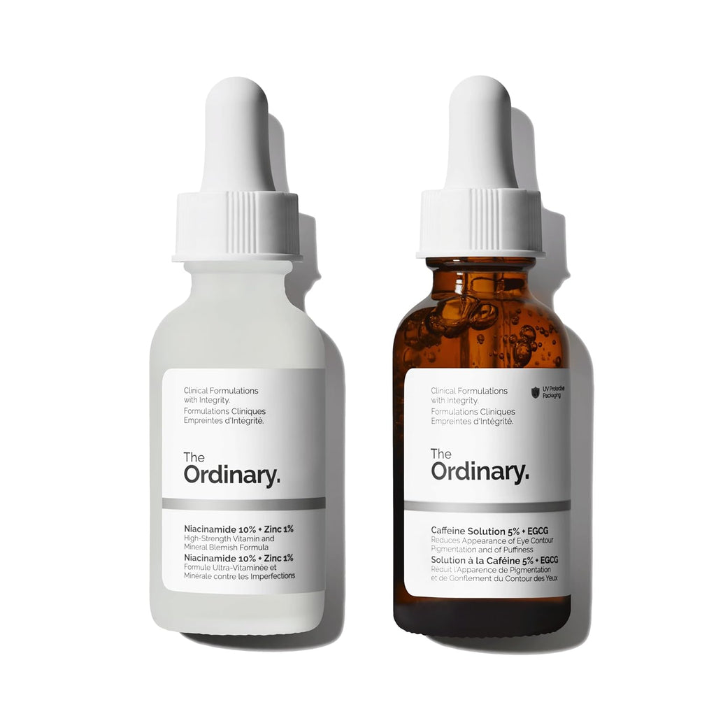 SlimBag The Ordinary dull skin duo skincare set with Niacinamide 10%, Zinc 1%, Caffeine 5%, and EGCG for face and eye care.