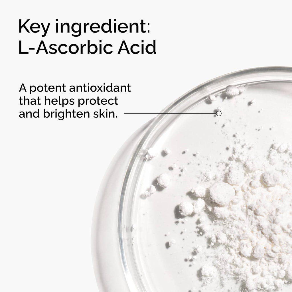 The Ordinary 100% L-Ascorbic Acid Powder vitamin C treatment in a clear jar with a scoop, designed for anti-aging skincare.