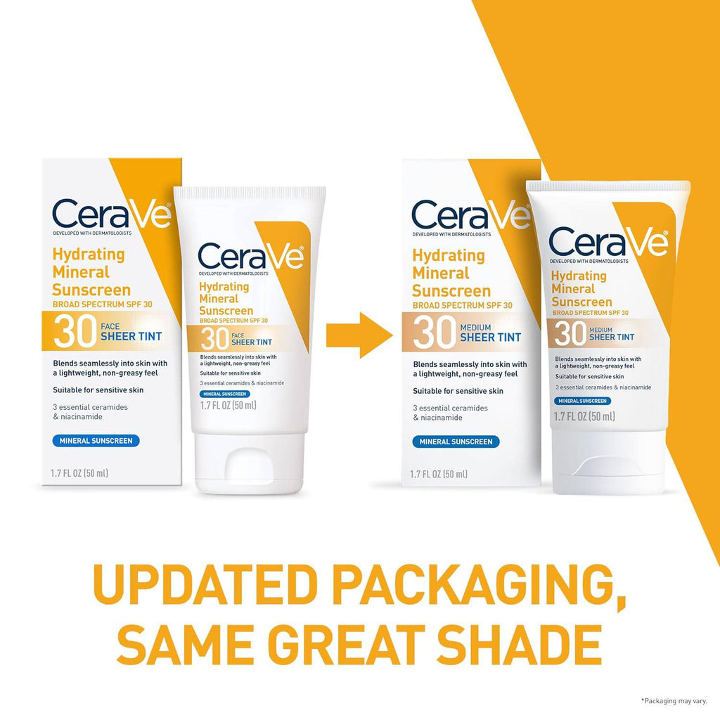 SlimBag CeraVe Hydrating Mineral Sunscreen SPF 30 with sheer tint, zinc oxide, and titanium dioxide, in 1.7 oz tube with healthy glow finish.
