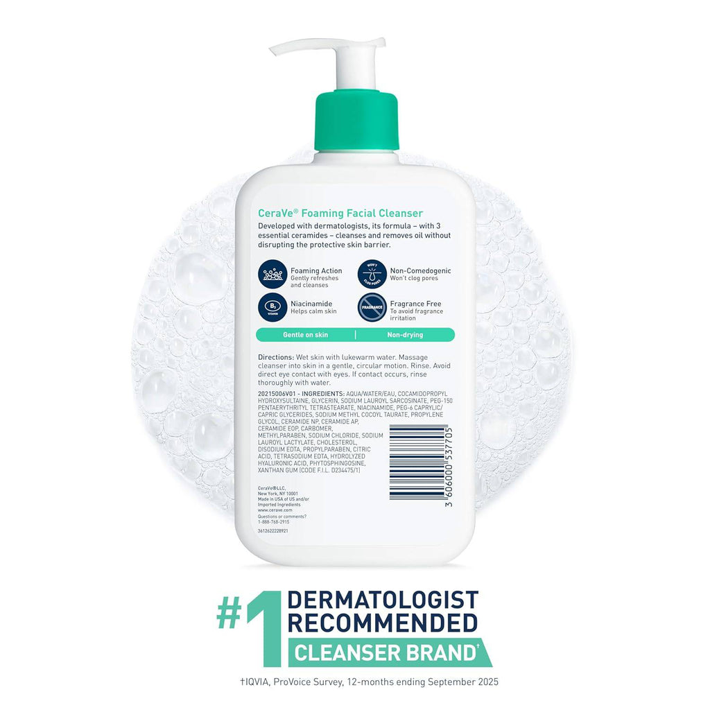 SlimBag CeraVe Foaming Facial Cleanser for oily skin with hyaluronic acid, ceramides, and niacinamide in a 8 oz bottle.