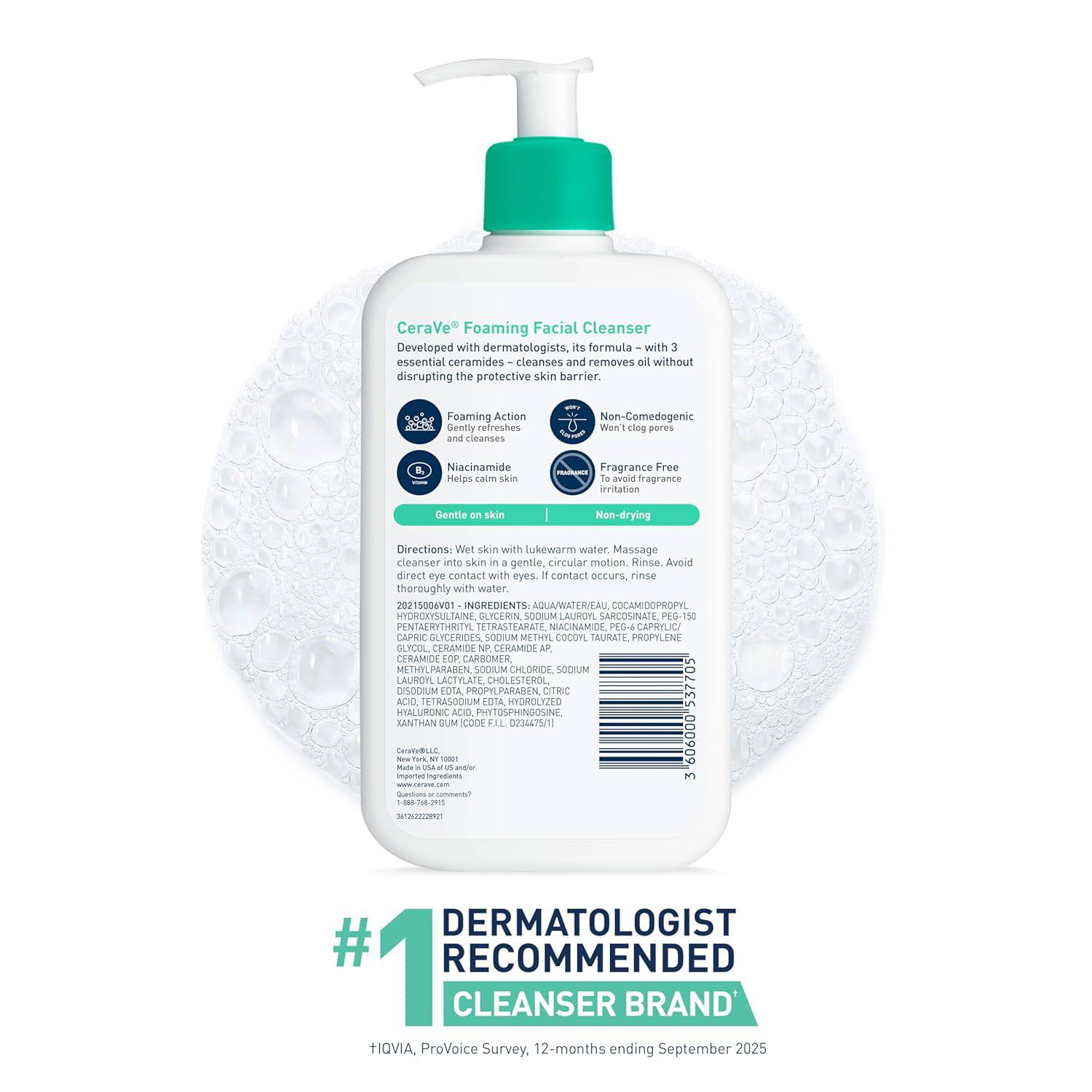 SlimBag CeraVe Foaming Facial Cleanser for oily skin with hyaluronic acid, ceramides, and niacinamide in a 8 oz bottle.