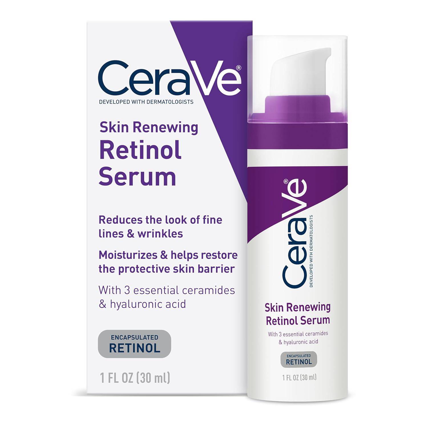 CeraVe Anti-Aging Retinol Serum for face featuring encapsulated retinol, hyaluronic acid, niacinamide, and ceramides in a 1 oz bottle