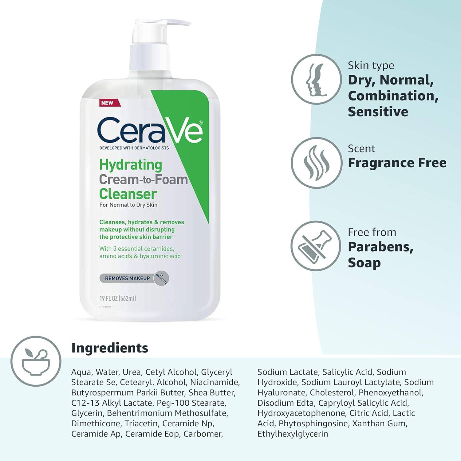 SlimBag CeraVe Hydrating Cream To Foam Cleanser for dry skin, fragrance-free facial wash with hyaluronic acid, 19 oz bottle