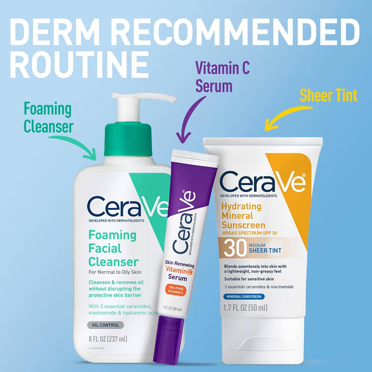 CeraVe Hydrating Mineral Sunscreen SPF 30 with sheer tint, zinc oxide, and titanium dioxide in a 1.7 oz tube, offers a seamless, healthy glow.