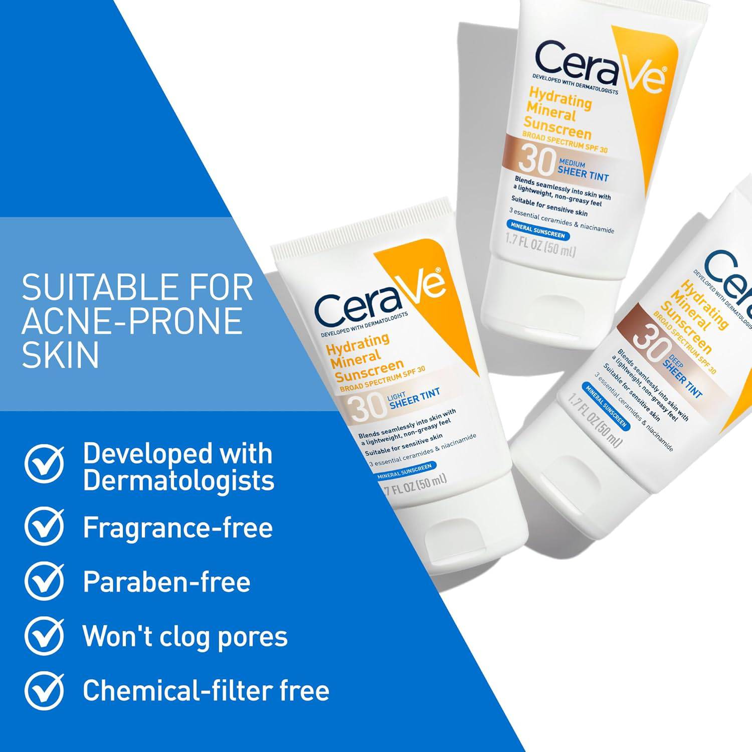 SlimBag CeraVe Hydrating Mineral Sunscreen SPF 30 with sheer tint, zinc oxide, and titanium dioxide in 1.7 oz tube.