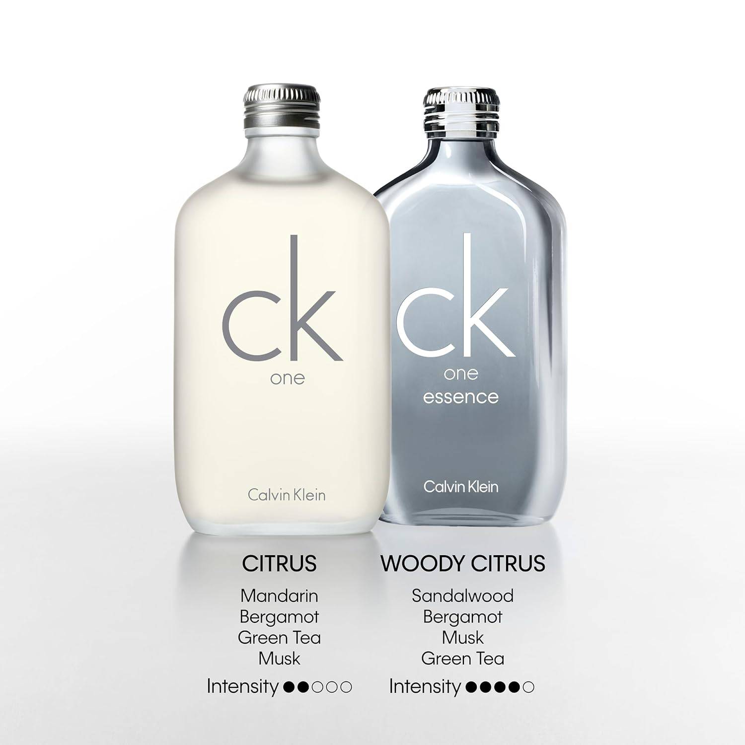 Calvin Klein CK One unisex citrus Eau de Toilette with green tea notes, displayed in a sleek bottle on a white background.