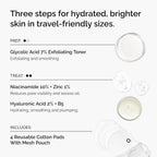 SlimBag The Ordinary Mini Icons set with travel-size glycolic acid toner, niacinamide, hyaluronic acid, and reusable rounds.