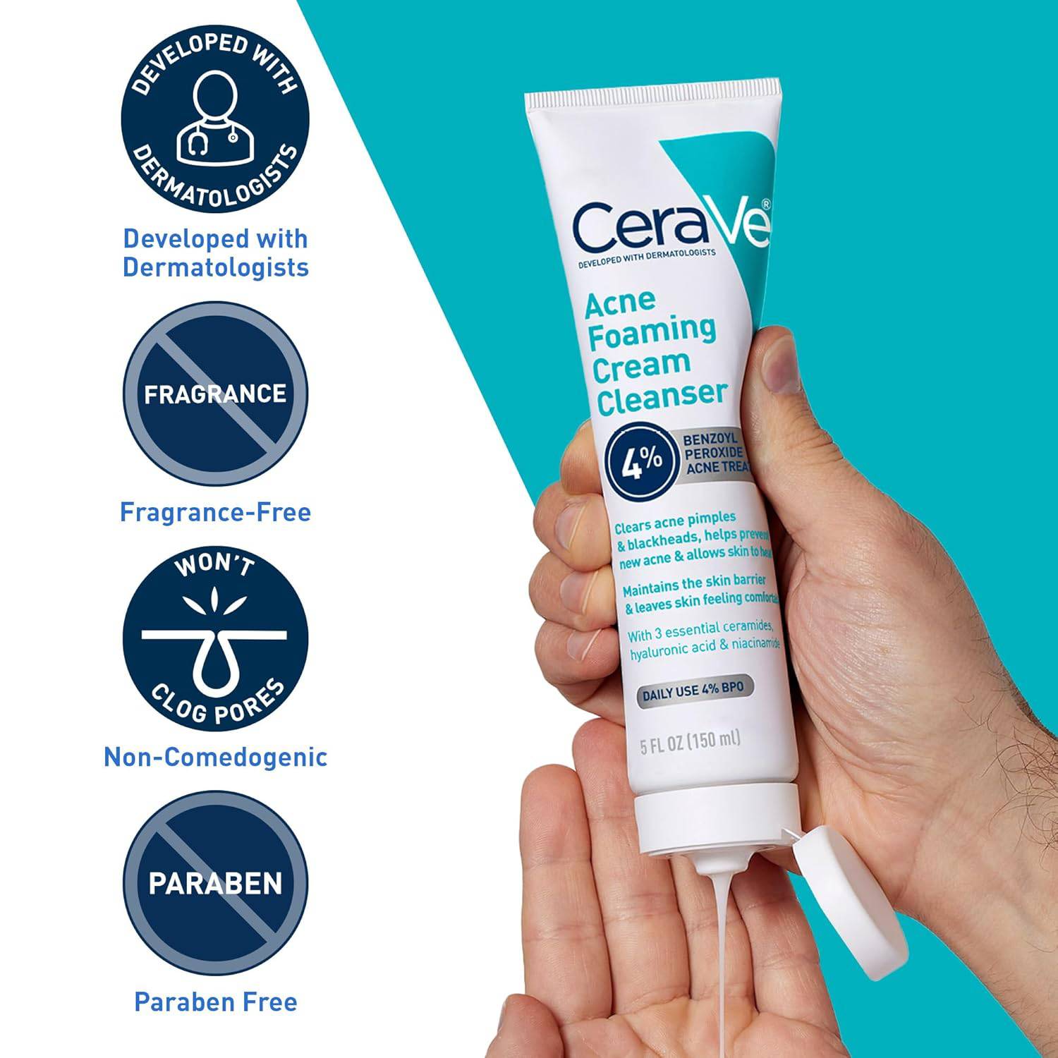 SlimBag CeraVe Acne Foaming Cream Cleanser with benzoyl peroxide, hyaluronic acid, niacinamide, and ceramides for daily acne care.