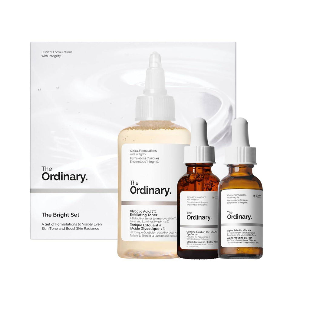 SlimBag The Ordinary Bright Set with glycolic acid toner, alpha arbutin serum, and caffeine eye serum for radiant, even skin tone