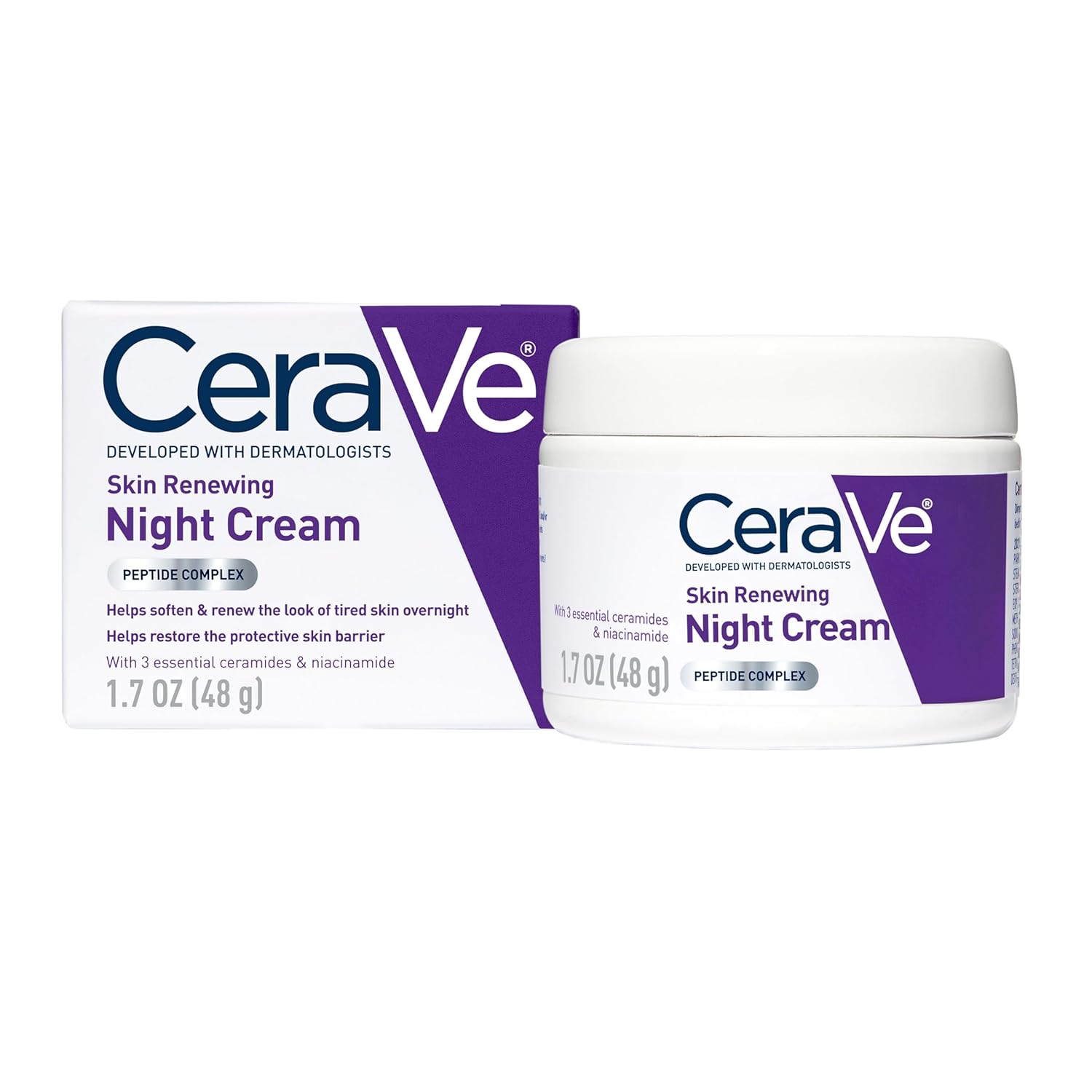 CeraVe Skin Renewing Night Cream with peptide complex, hyaluronic acid, and ceramides for face, 1.7 ounces