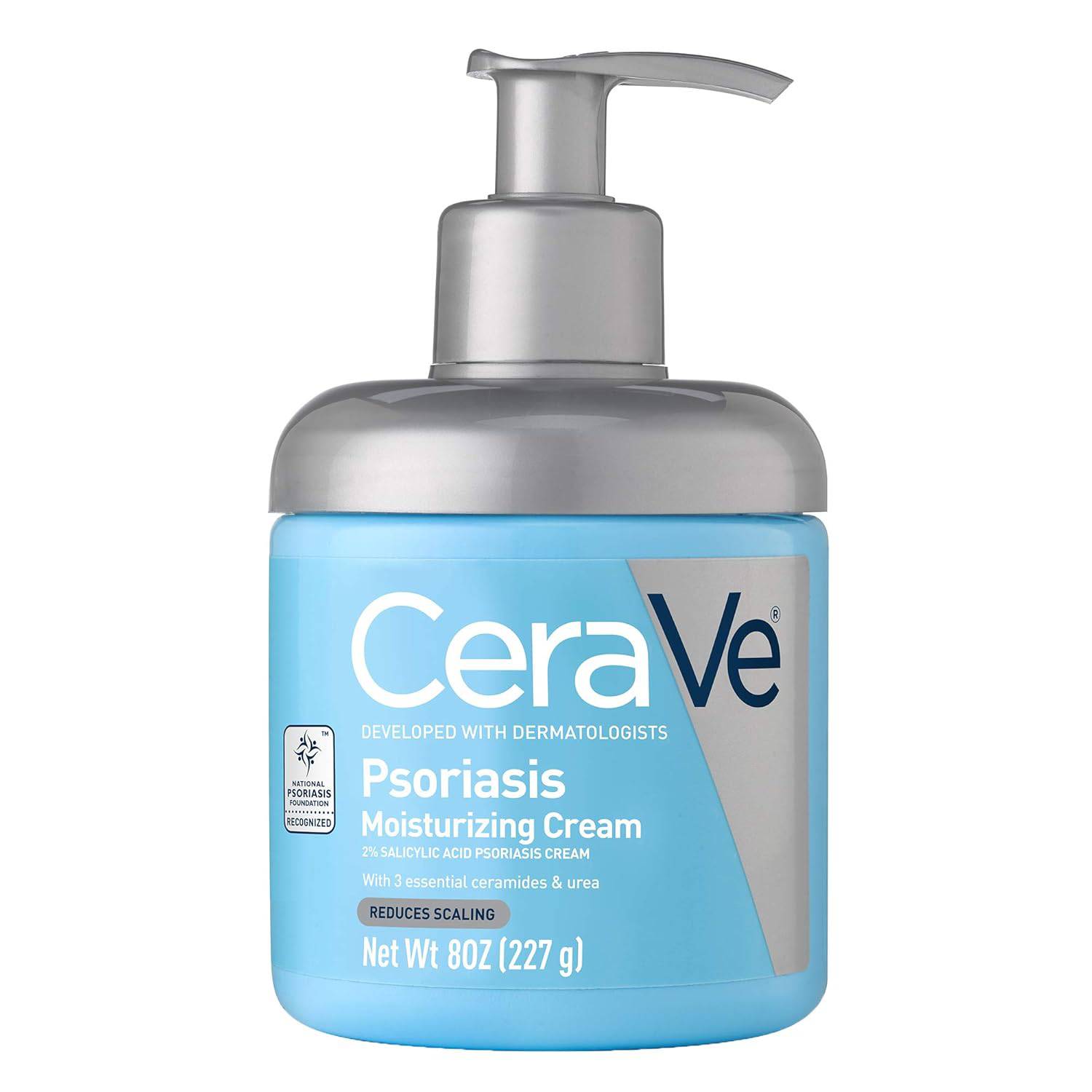 SlimBag CeraVe Moisturizing Cream for psoriasis with salicylic acid and urea, fragrance-free, 8 oz, for dry skin and itch relief.