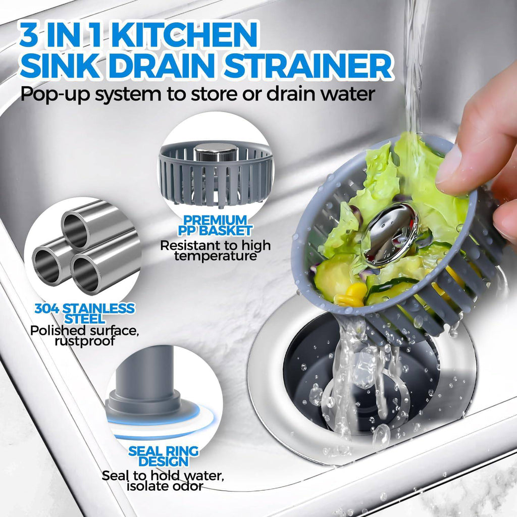 Sink Drain Strainer - Sink Stopper Kitchen Drain, 3 in 1 Kitchen Sink Drain Strainer with Anti-Clogging Basket, Kitchen Gadgets Clearance Sink Accessories, Fit US Standard 3-1/2'' Sink Hole, Silver