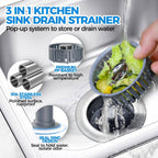 Sink Drain Strainer - Sink Stopper Kitchen Drain, 3 in 1 Kitchen Sink Drain Strainer with Anti-Clogging Basket, Kitchen Gadgets Clearance Sink Accessories, Fit US Standard 3-1/2'' Sink Hole, Silver