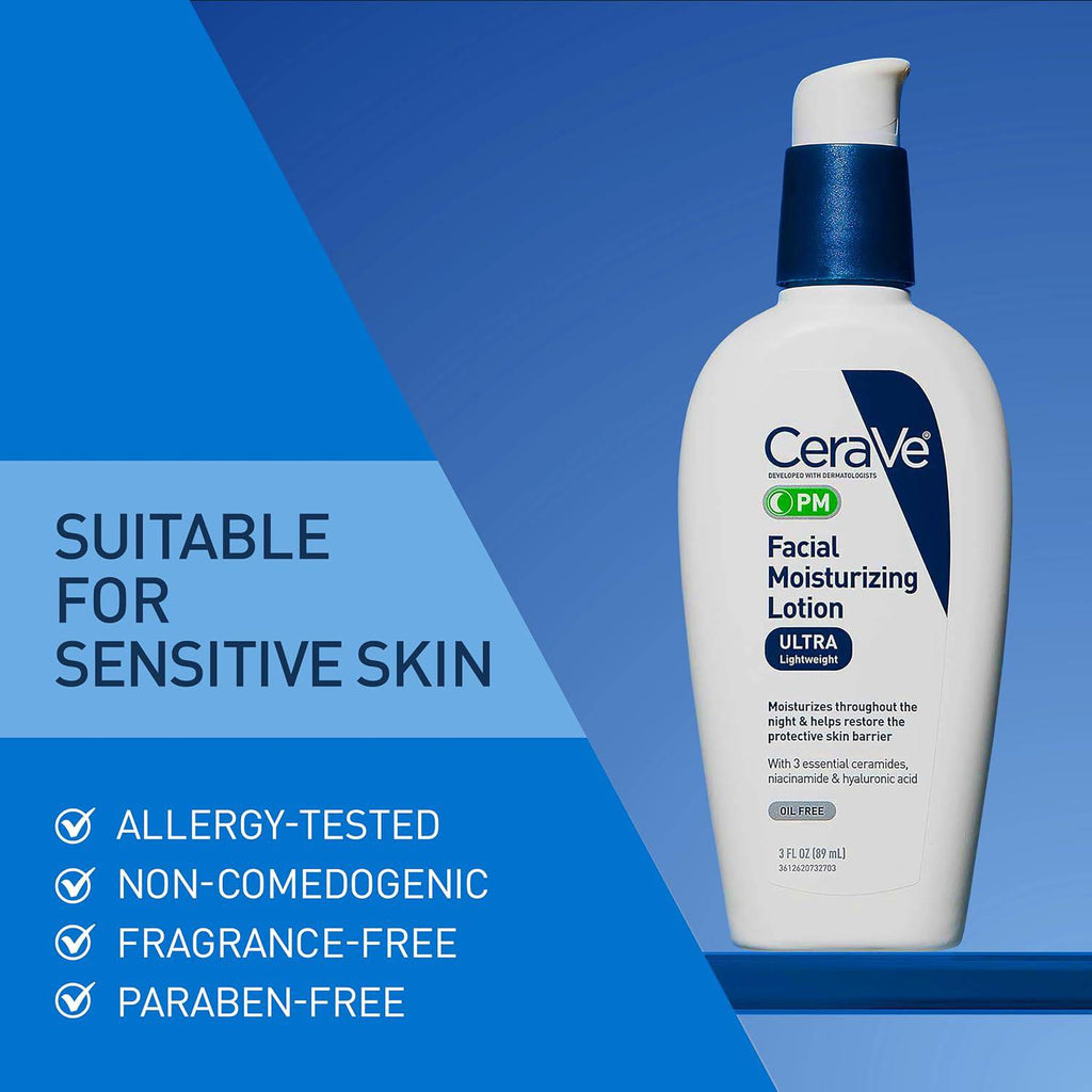 CeraVe PM facial moisturizing lotion with hyaluronic acid and niacinamide in a 3-ounce tube, lightweight oil-free night cream for face