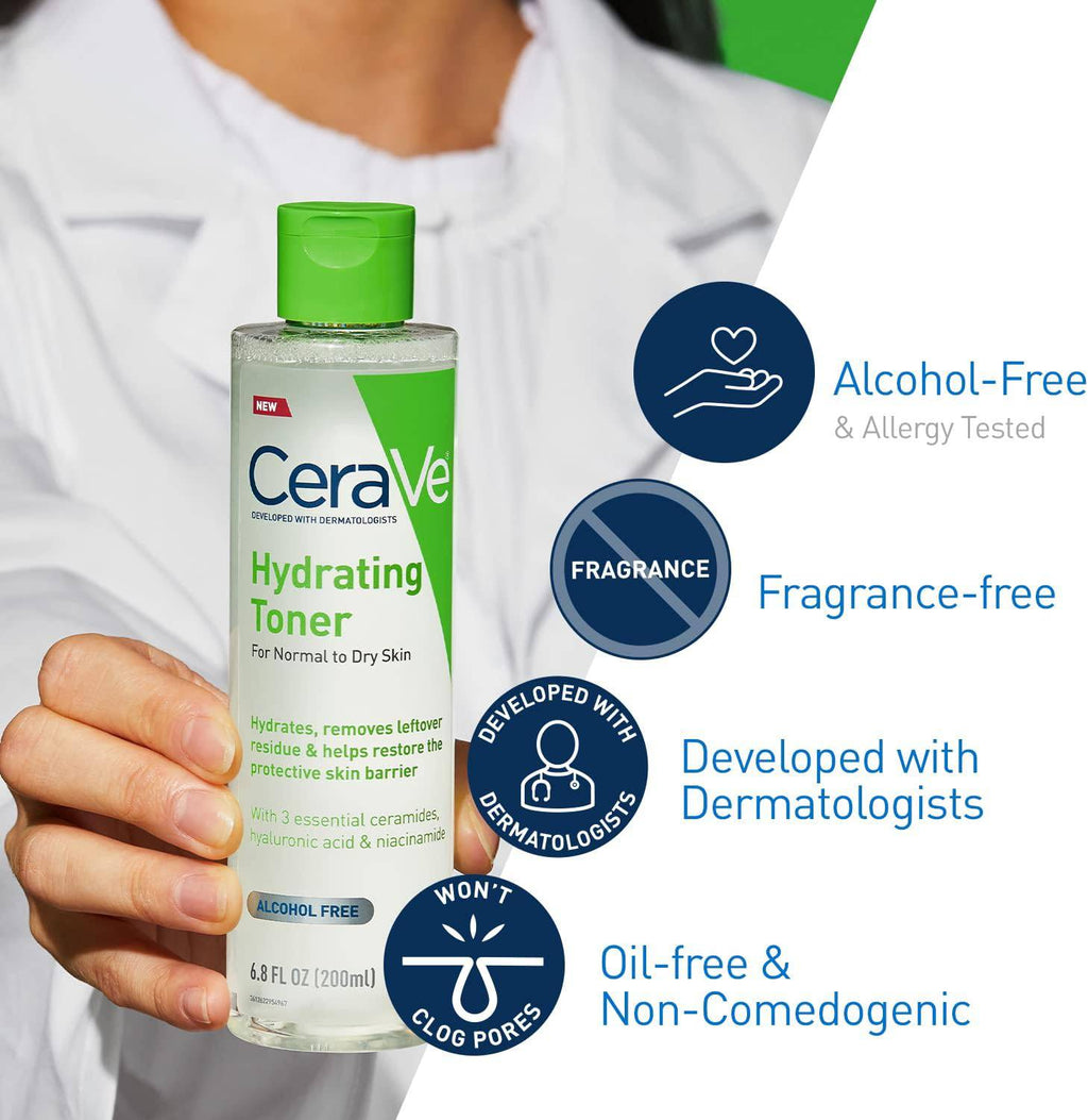 SlimBag CeraVe Hydrating Face Toner with hyaluronic acid, niacinamide, ceramides for sensitive dry skin, fragrance-free, 6.8 fl oz bottle