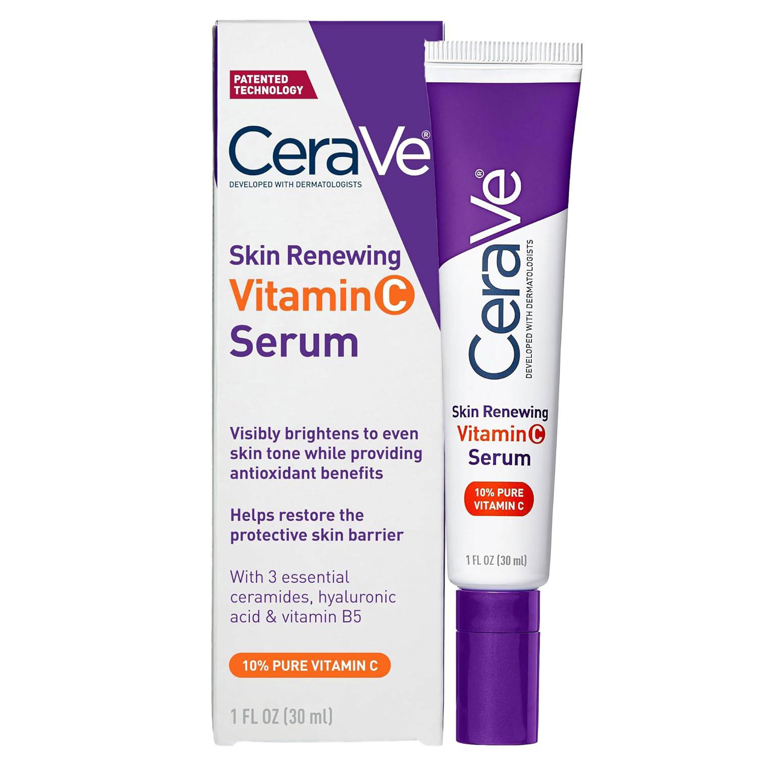 SlimBag CeraVe Vitamin C Serum for face with 10% Vitamin C, hyaluronic acid, ceramides, brightening antioxidant, fragrance-free, 1oz
