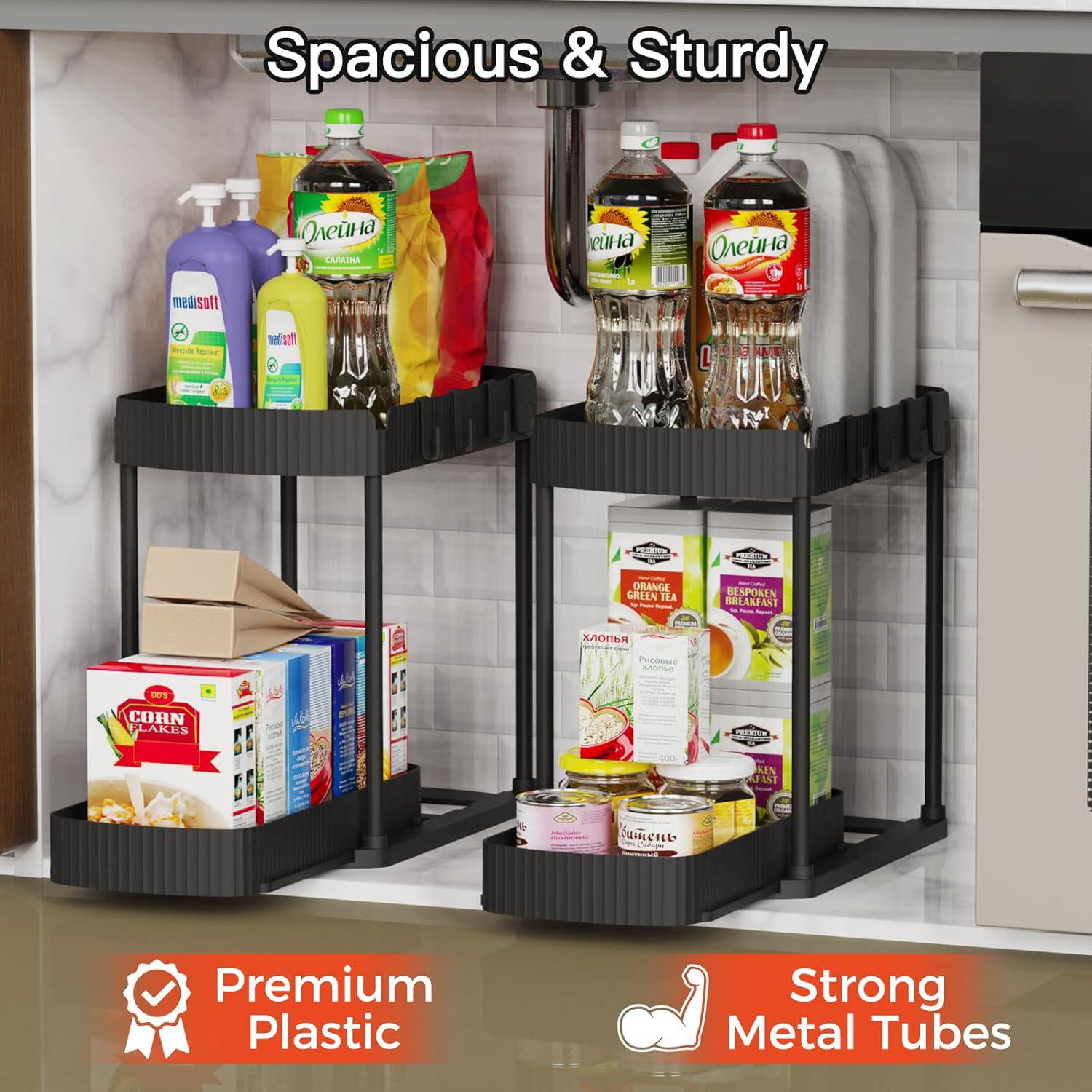Multi-Purpose Pull-Out Storage Organizers, Under Sink/Cabinet Organizers and Storage for Bathroom & Kitchen, Black, 12.8 Inches, 2 Packs