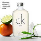 Calvin Klein CK One unisex citrus eau de toilette with green tea notes, displayed in a sleek bottle on a plain background.