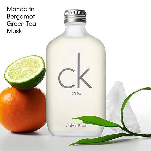 Calvin Klein CK One unisex citrus eau de toilette with green tea notes, displayed in a sleek bottle on a plain background.