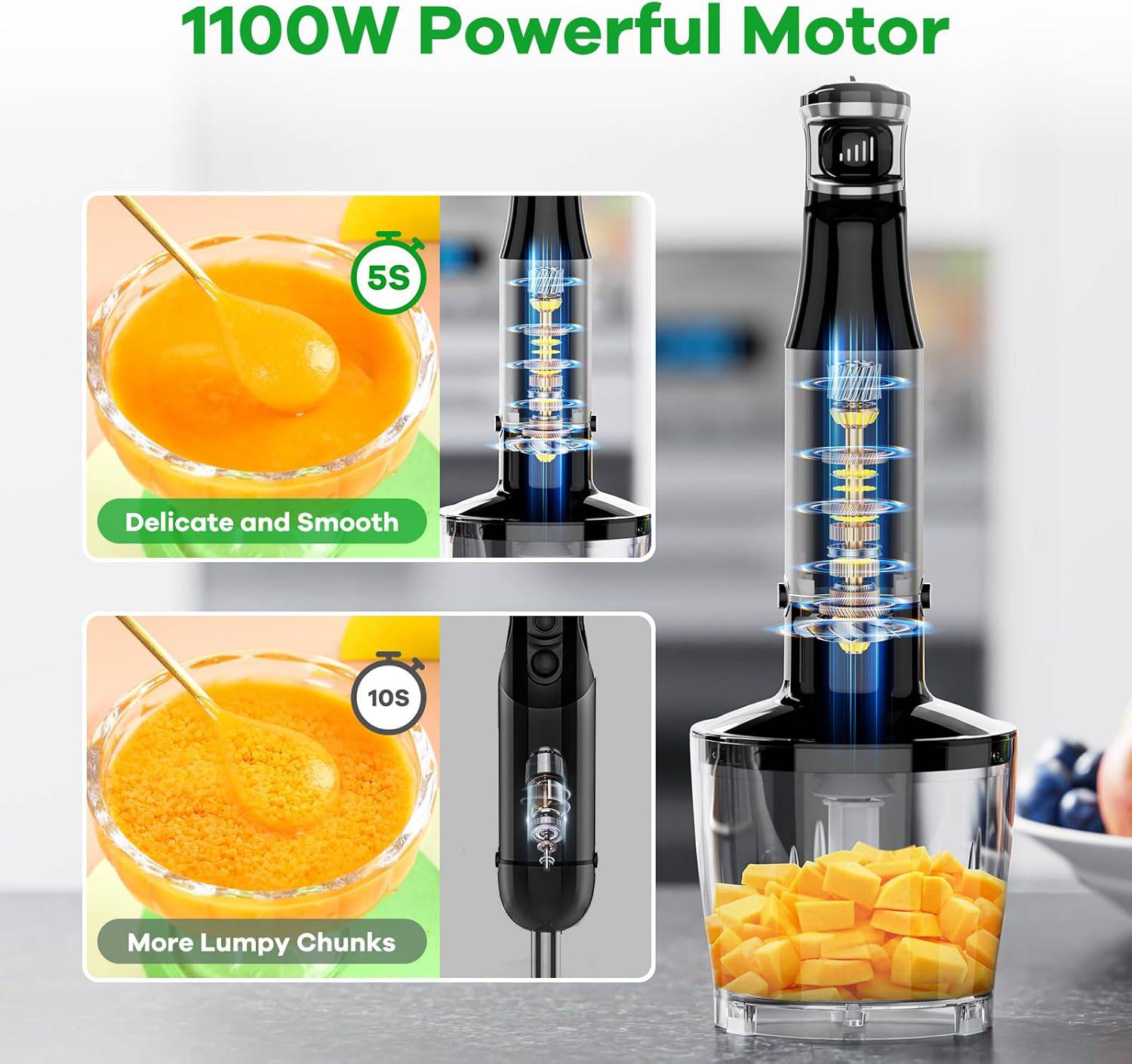 Immersion Blender Handheld Corded Hand Blenders Set 1100W, Trigger Variable Speed 5 in 1 Stick Emulsifier with Chopper, Whisk and Frother for Soup, Baby Food and Smoothies