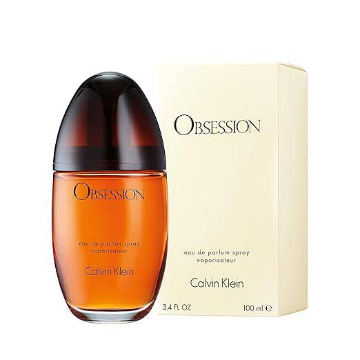 Calvin Klein Obsession women's eau de parfum with mandarin, jasmine, patchouli, and bergamot, featuring slim elegant bottle.