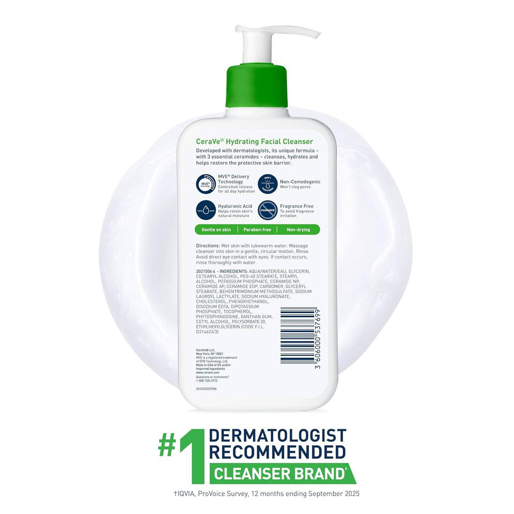 CeraVe Hydrating Facial Cleanser, Moisturizing Face Wash For Dry Skin, Hyaluronic Acid + Ceramides + Glycerin, Hydrating Cleanser For Normal To Dry Skin, National Eczema Association Certified