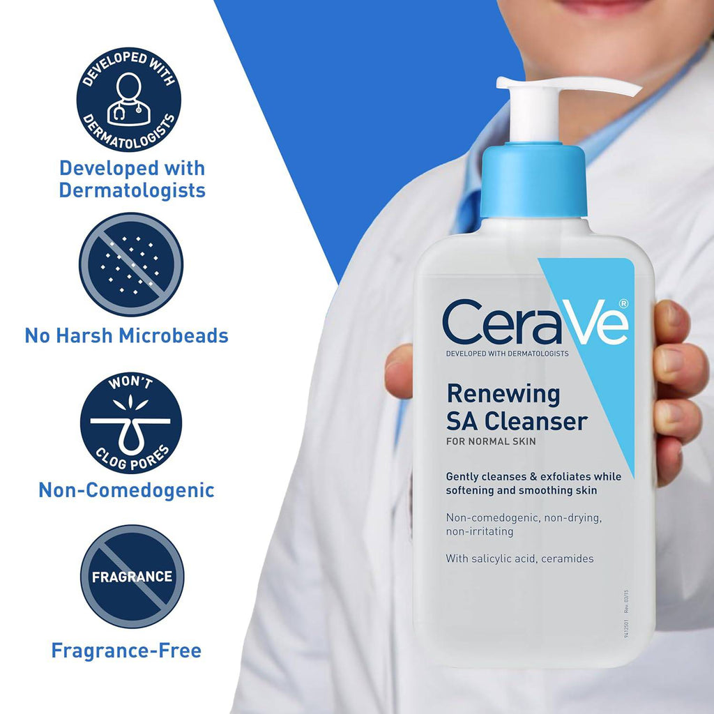 CeraVe Renewing Salicylic Acid Cleanser in 8 oz bottle, gentle face wash with hyaluronic acid, niacinamide, ceramides, and exfoliating BHA