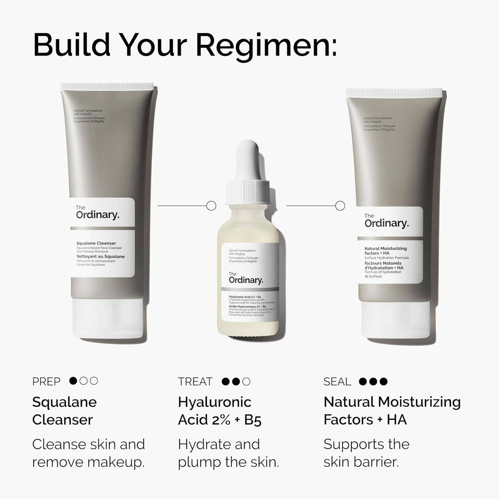 SlimBag skincare serum bottle featuring The Ordinary Hyaluronic Acid 2% + B5 with ceramides for deep skin hydration and plumping effects.