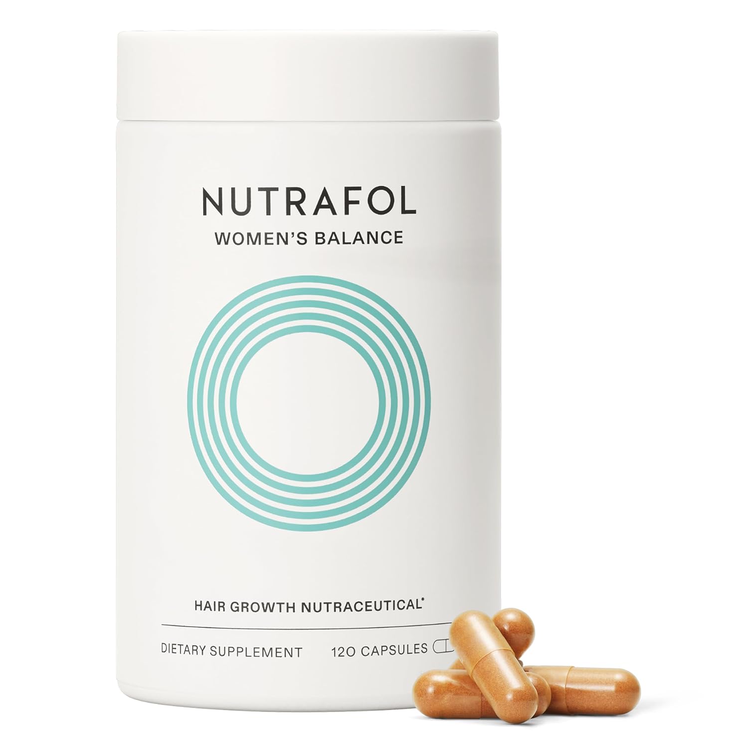 Nutrafol Women's Balance hair growth supplements in a 1-month supply, showing the bottle and supplement tablets.