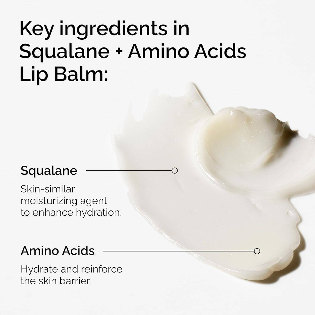 SlimBag The Ordinary Squalane + Amino Acids Hydrating Lip Balm applied on lips, highlighting nourishing and moisturizing properties.
