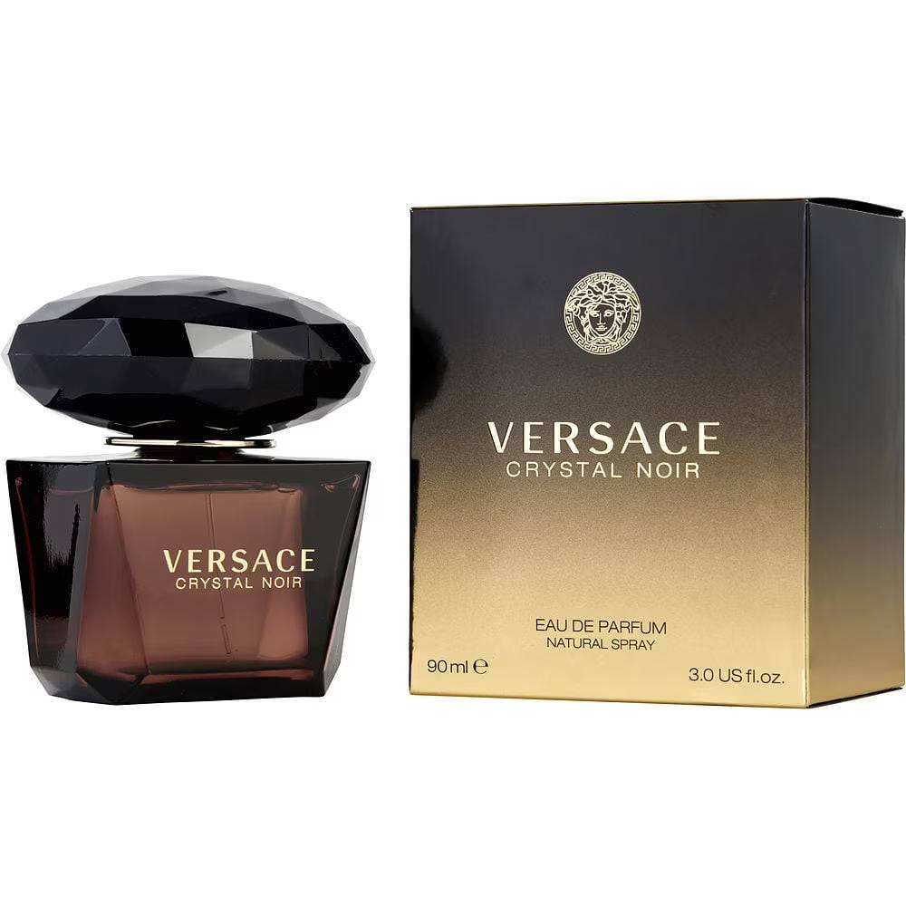 Versace Crystal Noir Eau de Parfum Spray for women in 3 oz bottle, sleek glass container with a gold cap and black accents.