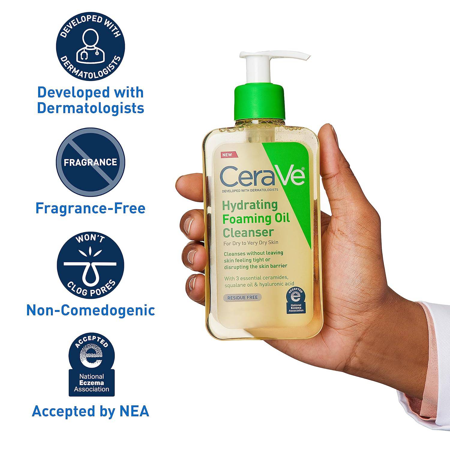 CeraVe Hydrating Foaming Oil Facial Cleanser with Hyaluronic Acid in 8oz bottle, showing the product and label.