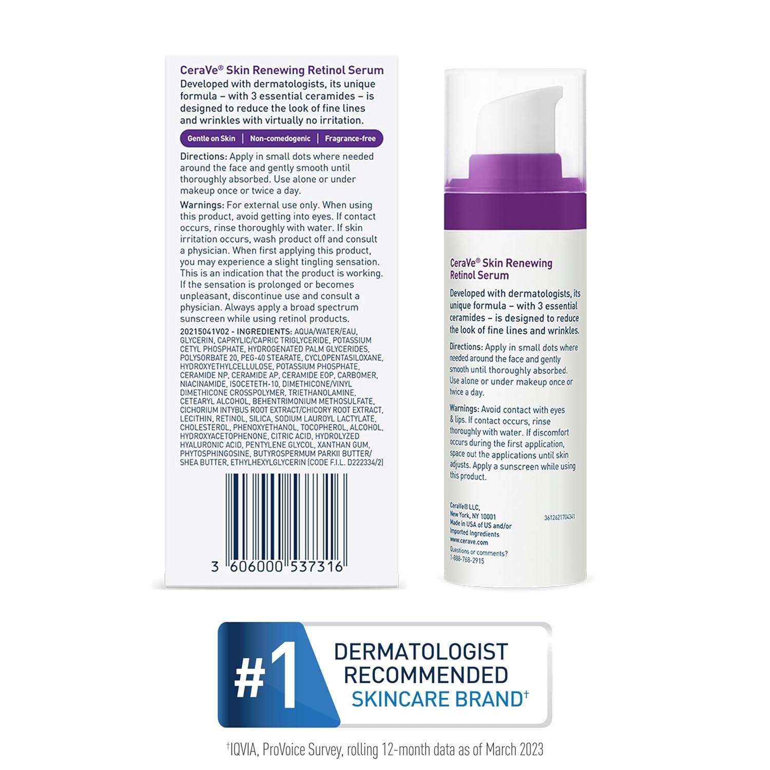 CeraVe Anti-Aging Retinol Serum for face with hyaluronic acid, niacinamide, and ceramides in a 1 oz bottle, smooths wrinkles.