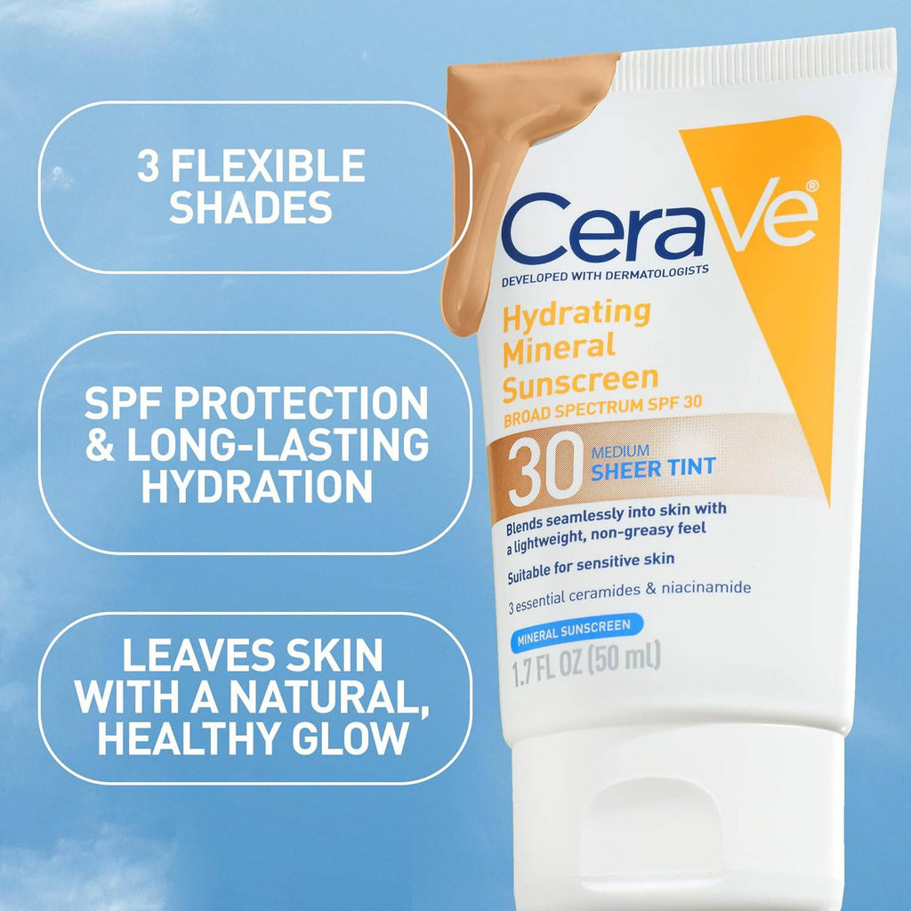 SlimBag CeraVe Hydrating Mineral Sunscreen SPF 30 with sheer tint, zinc oxide, and titanium dioxide in a 1.7 oz tube.