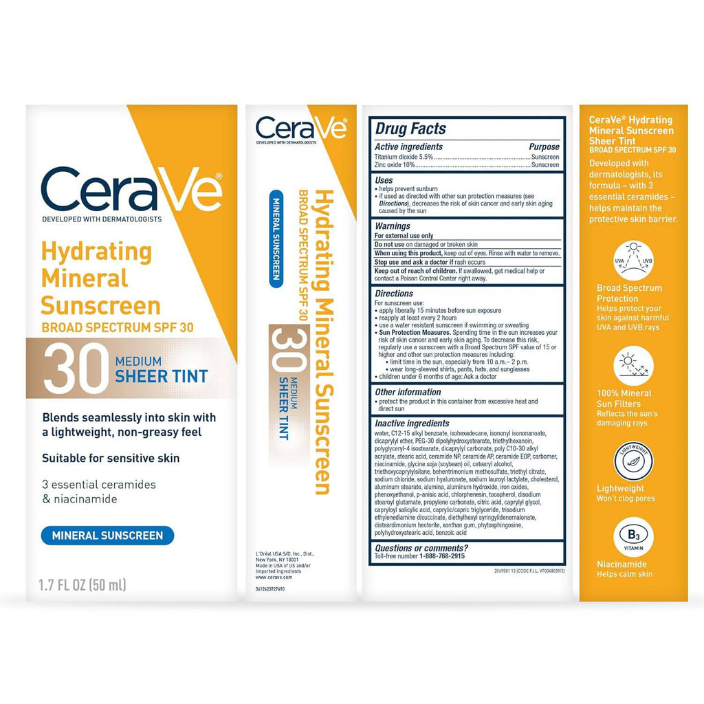 SlimBag CeraVe Hydrating Mineral Sunscreen SPF 30 with sheer tint, zinc oxide, and titanium dioxide in a 1.7 oz tube.