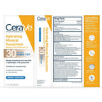 SlimBag CeraVe Hydrating Mineral Sunscreen SPF 30 with sheer tint, zinc oxide, and titanium dioxide in a 1.7 oz tube.