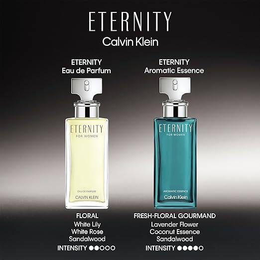 Calvin Klein Eternity floral women's perfume bottle with white lily, rose, sandalwood, bergamot, and amber notes.