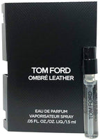 TOMFORD Ombré Leather Eau de Parfum bottle with sleek black and gold design, placed on a neutral background.