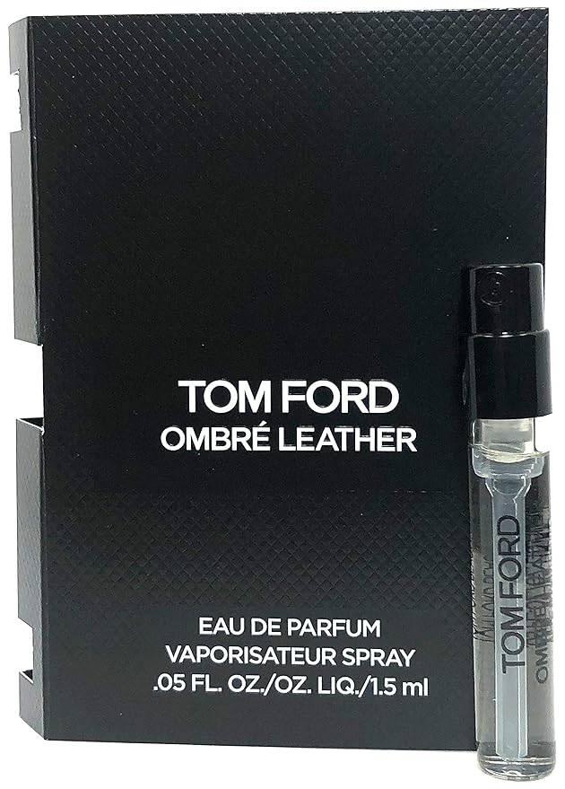 TOMFORD Ombré Leather Eau de Parfum bottle with sleek black and gold design, placed on a neutral background.