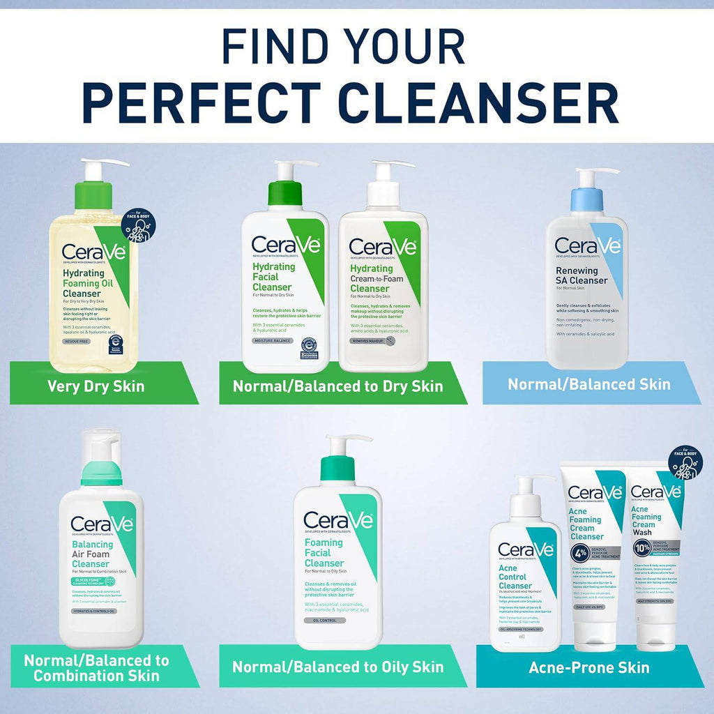 CeraVe Renewing Salicylic Acid Cleanser with hyaluronic acid, niacinamide, and ceramides in a 8 oz bottle, gentle exfoliating face wash